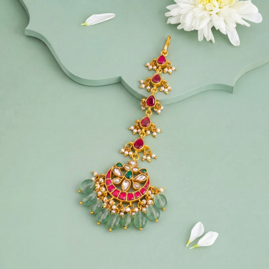 Bridal Jadau Kundan Full Chain Maangtika With Green Beads