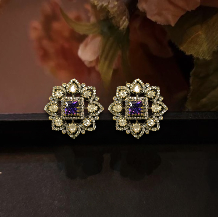 Austere Diamond look Victorian polki Stud Earrings. This Victorian Jewellery is available in a Purple colour variant. 