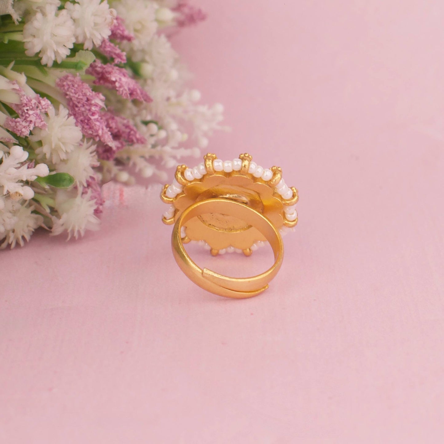 Floral Jadau Kundan Finger Ring With Ruby Stones And Emerald Center