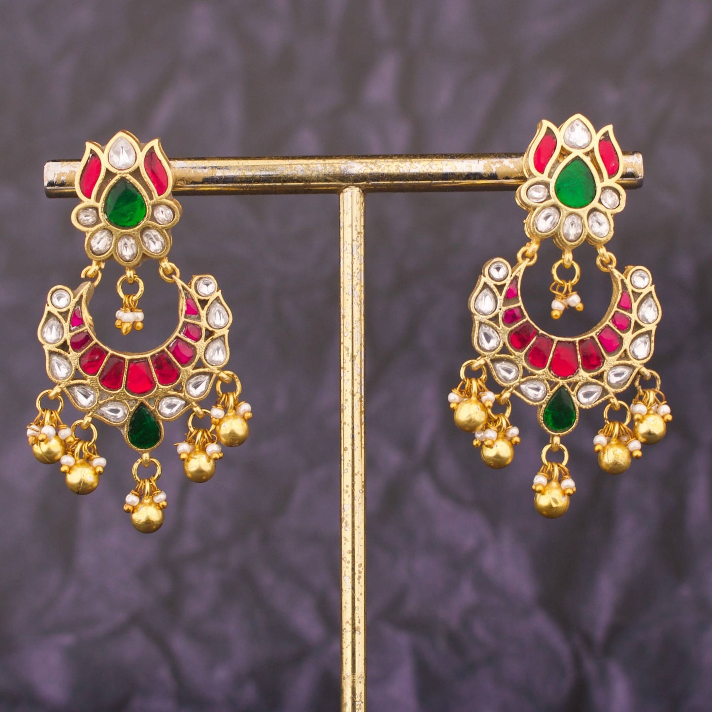 Floral Studded Jadau Kundan Chandbali Earrings With Hangings