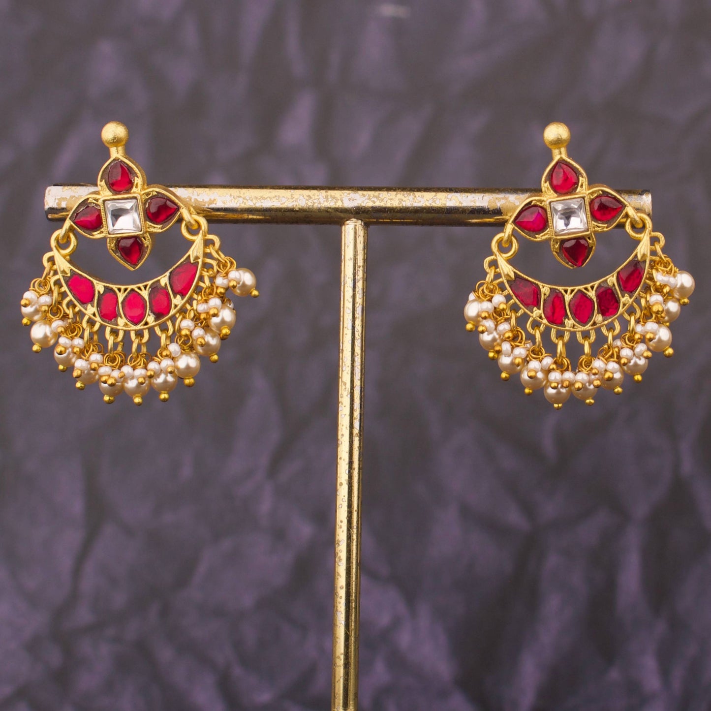 Sleek Jadau Kundan Chandbali Earrings With Swarovski Pearl Hangings