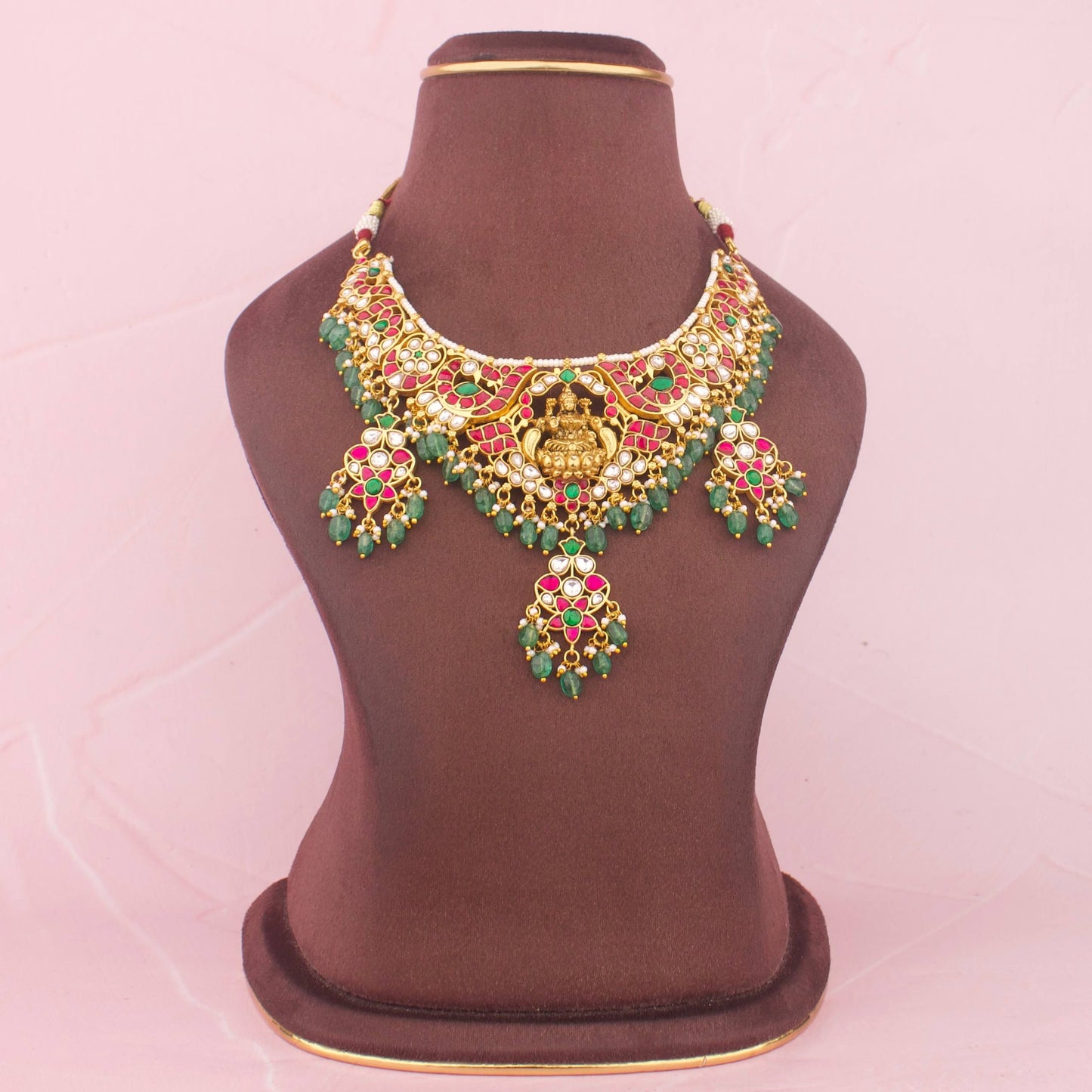 Ethnic Jadau Kundan Necklace Set With Green Beads