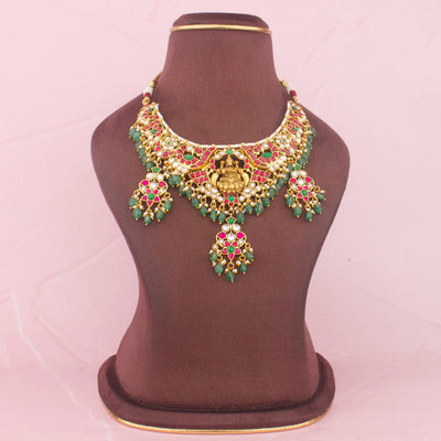 Ethnic Jadau Kundan Necklace Set With Green Beads