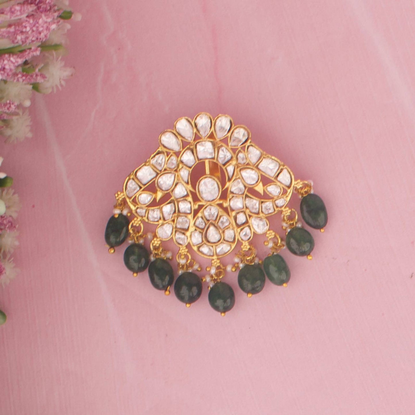 Classic Polki Locket With Green Beads