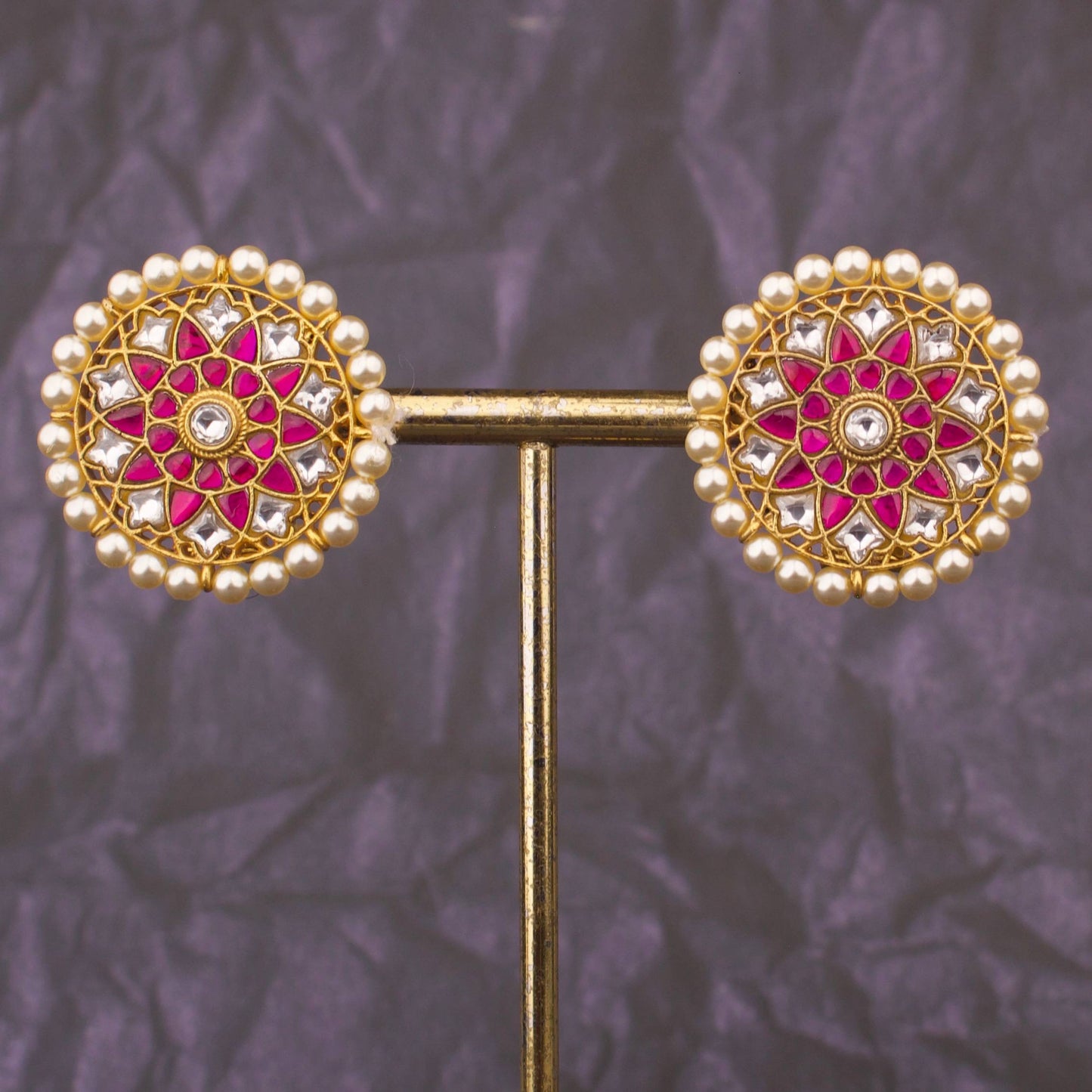 Traditional Jadau Kundan Floral Stud Earrings With Ruby Stones And Pearl Border