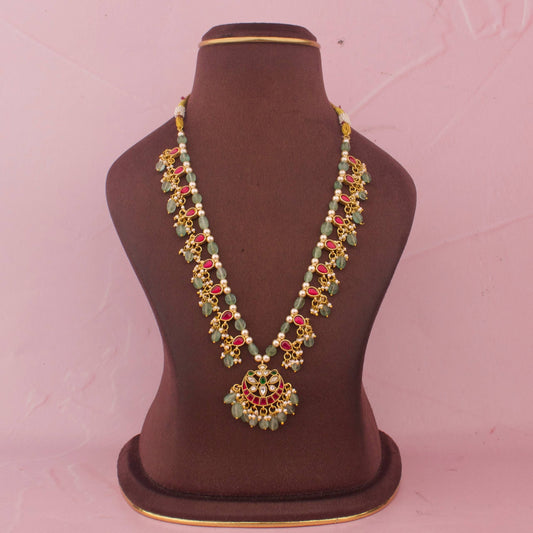 Elegant Jadau Kundan Beads Necklace With Green Drops