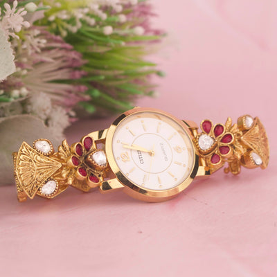 Designer Jadau Kundan Wrist Watch Styling Angle View 5 - Dulhan Jewels