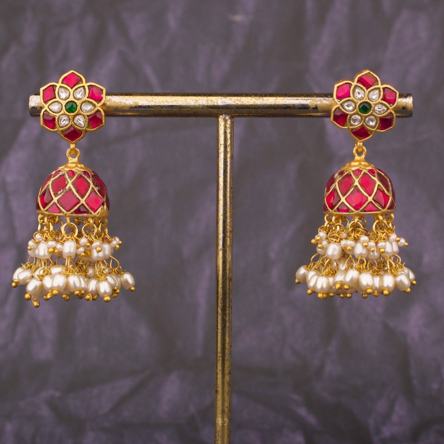 Floral Stud Traditional Jadau Kundan Jhumki Earrings With Pearl Drops