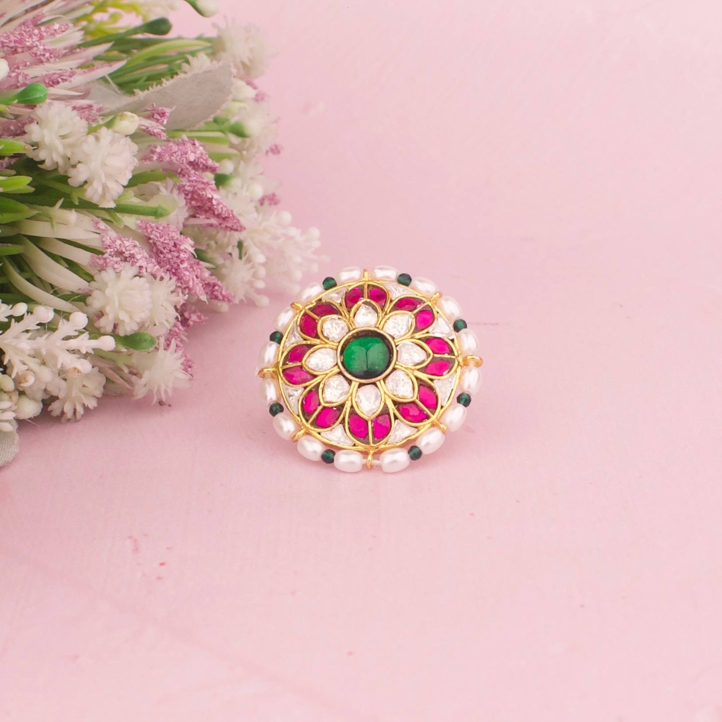 Designer Jadau Kundan Floral Ring With Pearl Border