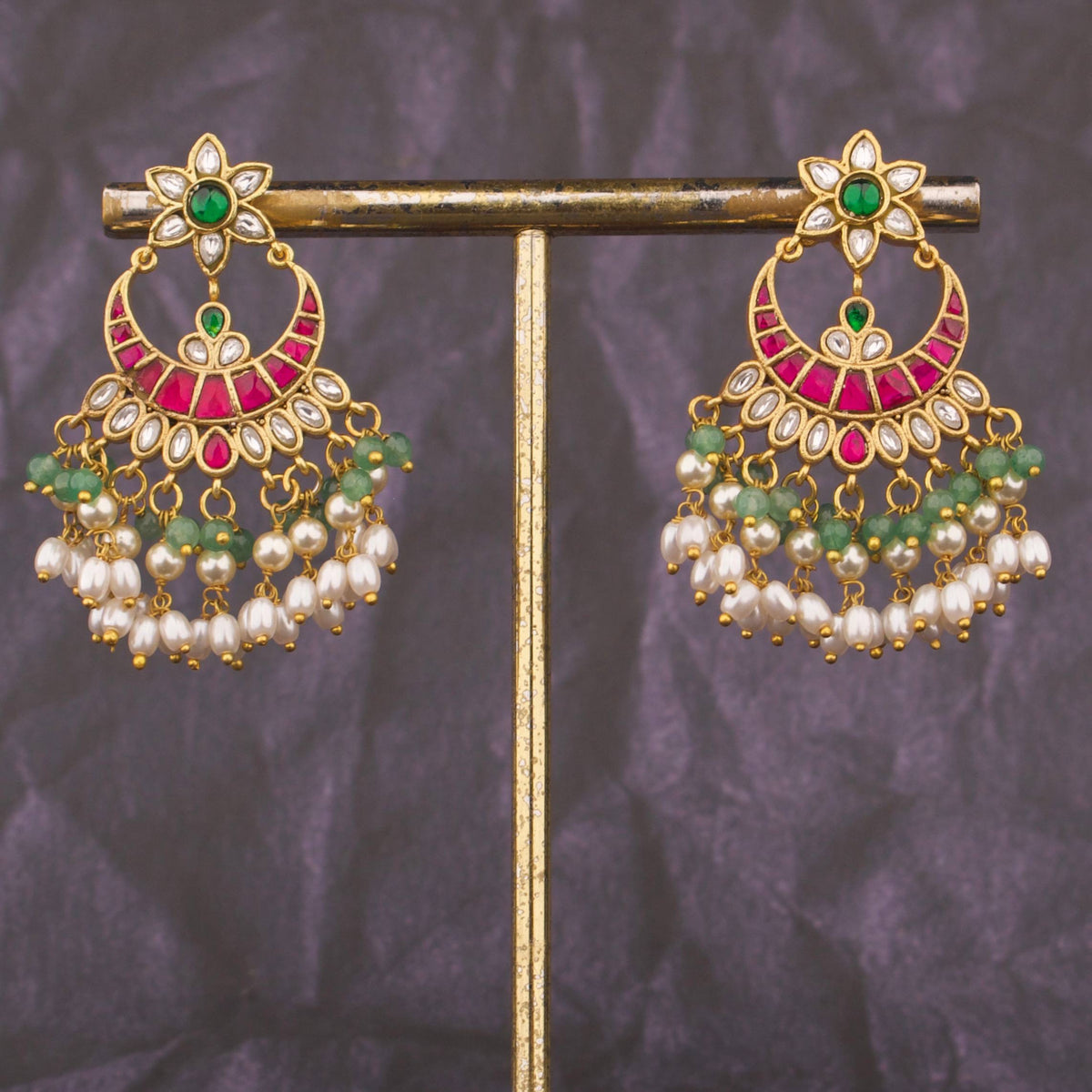 Floral Studded Jadau Kundan Chandbali Earrings