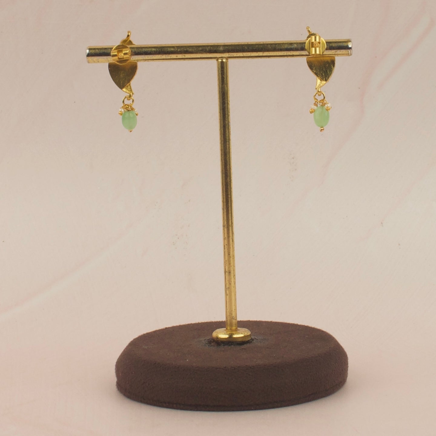 Leaf-Motif Jadau Kundan Earrings with Green Stone Drop