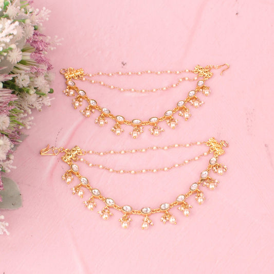 Close-up detailing of Classic Jadau Kundan Champasaralu With Pearl Hangings adorned with ruby