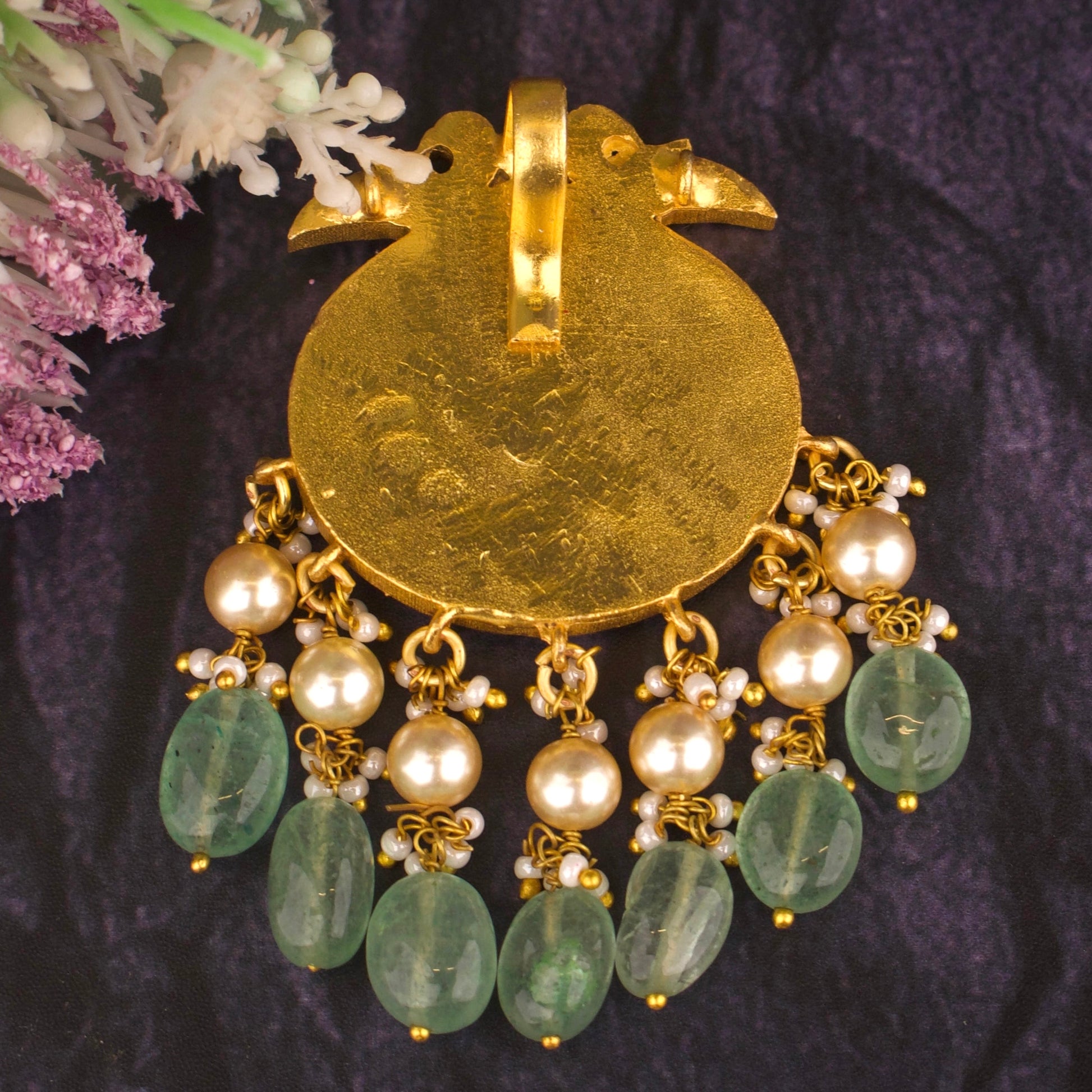 Exquisite Jadau Kundan Pendant With Swarovski Pearls Hanging - DULHAN JEWELS