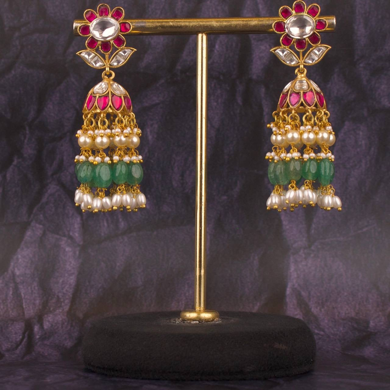 Guttapusalu Pearl & Beads Hanging Jadau Kundan Jhumki Earrings