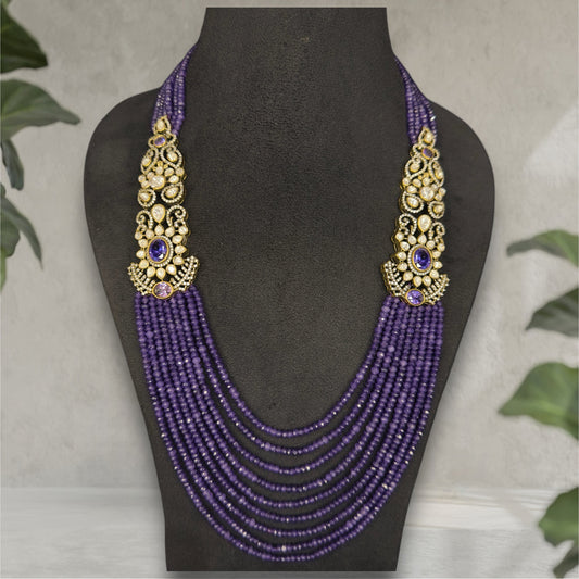 Opulent Victorian Finish Polki Beads Mala with screw-back earrings. This Victorian Jewellery is available in a Purple colour variant. 