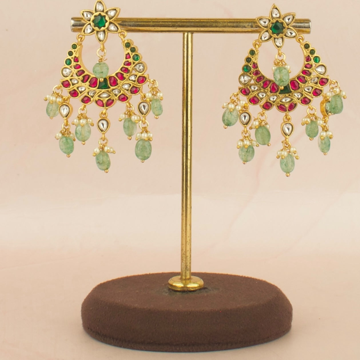 Floral Peacock Design Jadau Kundan Beads Necklace with Matching Earrings