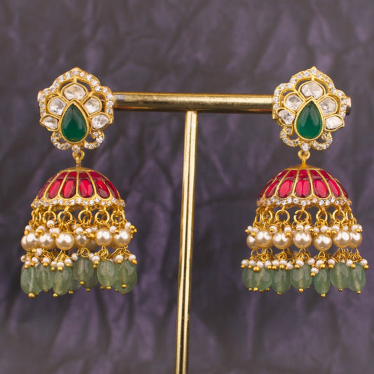 Bridal Gold Style Jadau Kundan Jhumki with Green Beads - DULHAN JEWELS