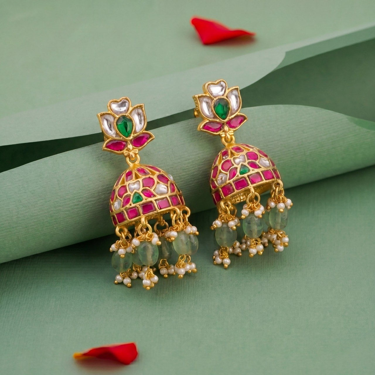 Lotus-Inspired Jadau Kundan Jhumka Earrings With Emerald Accents