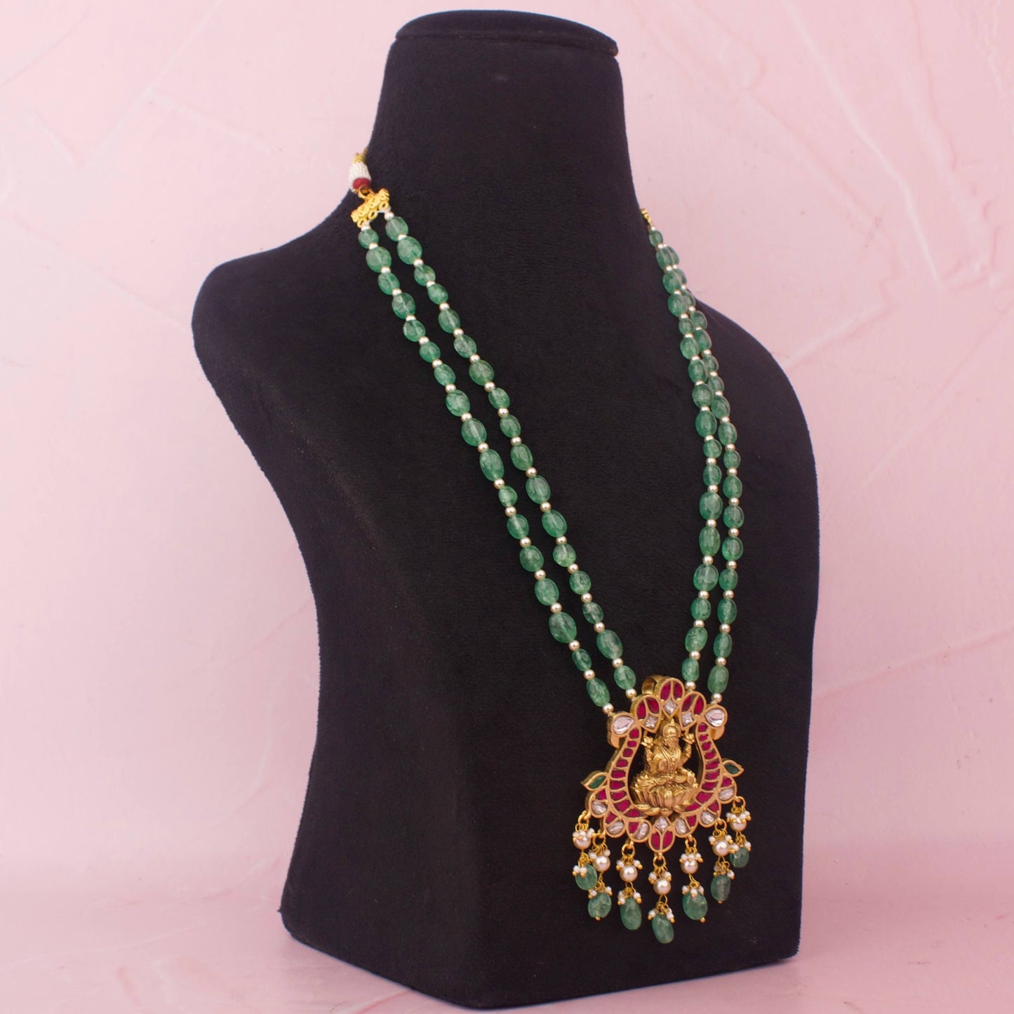 Laxmi Devi Jadau Kundan Beads Mala With Green Drops