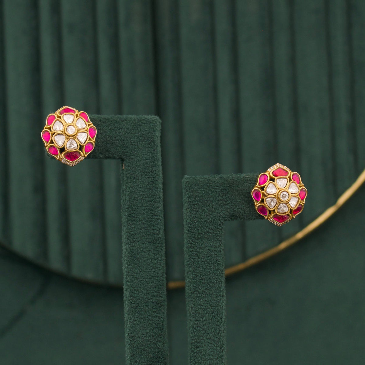Royal Victorian Polki Stud Earrings With Ruby Accents