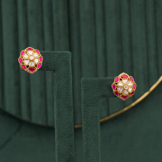 Royal Victorian Polki Stud Earrings With Ruby Accents
