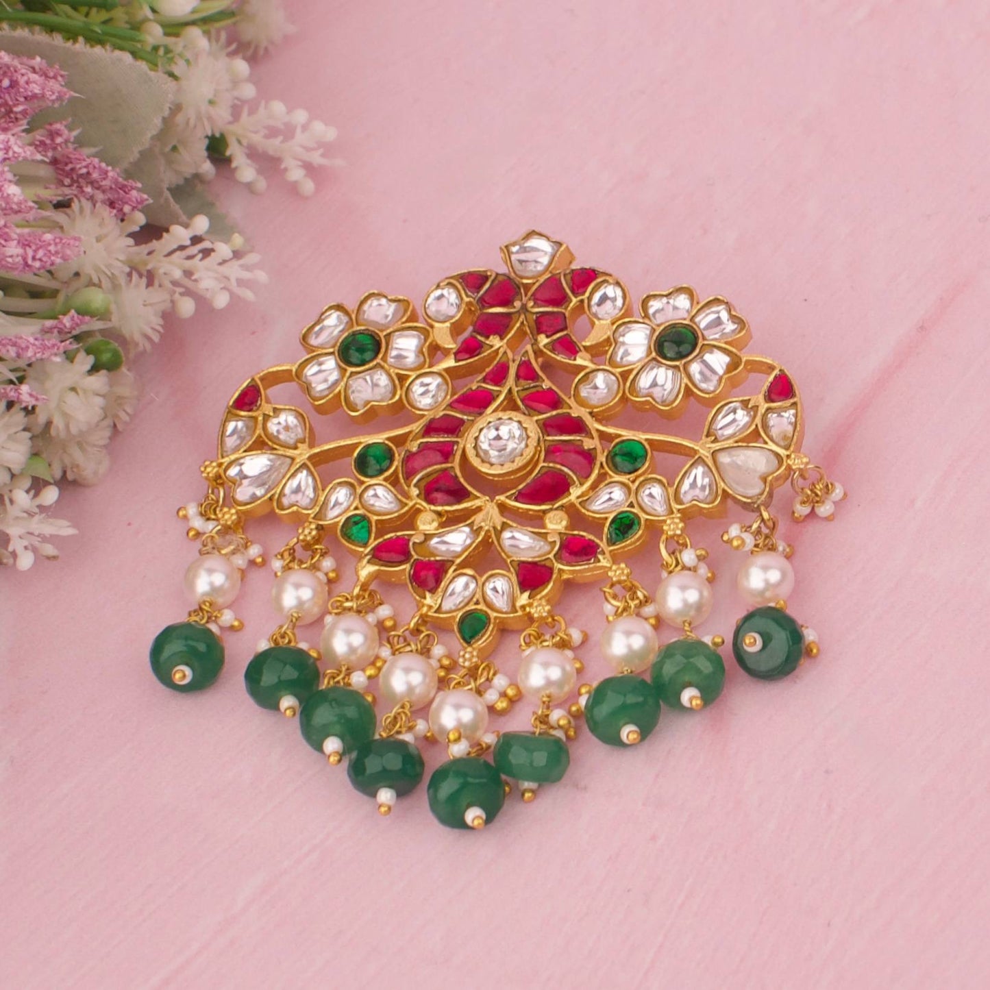 Classic Jadau Kundan Pendant With Pearl And Green Drops