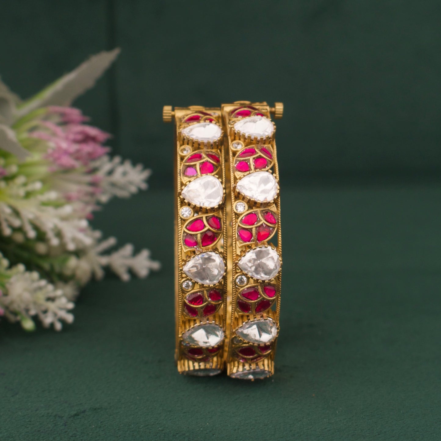 Elegant Victorian Polki Bangles With Ruby And Emerald Leaf Design in Antique Gold Finish