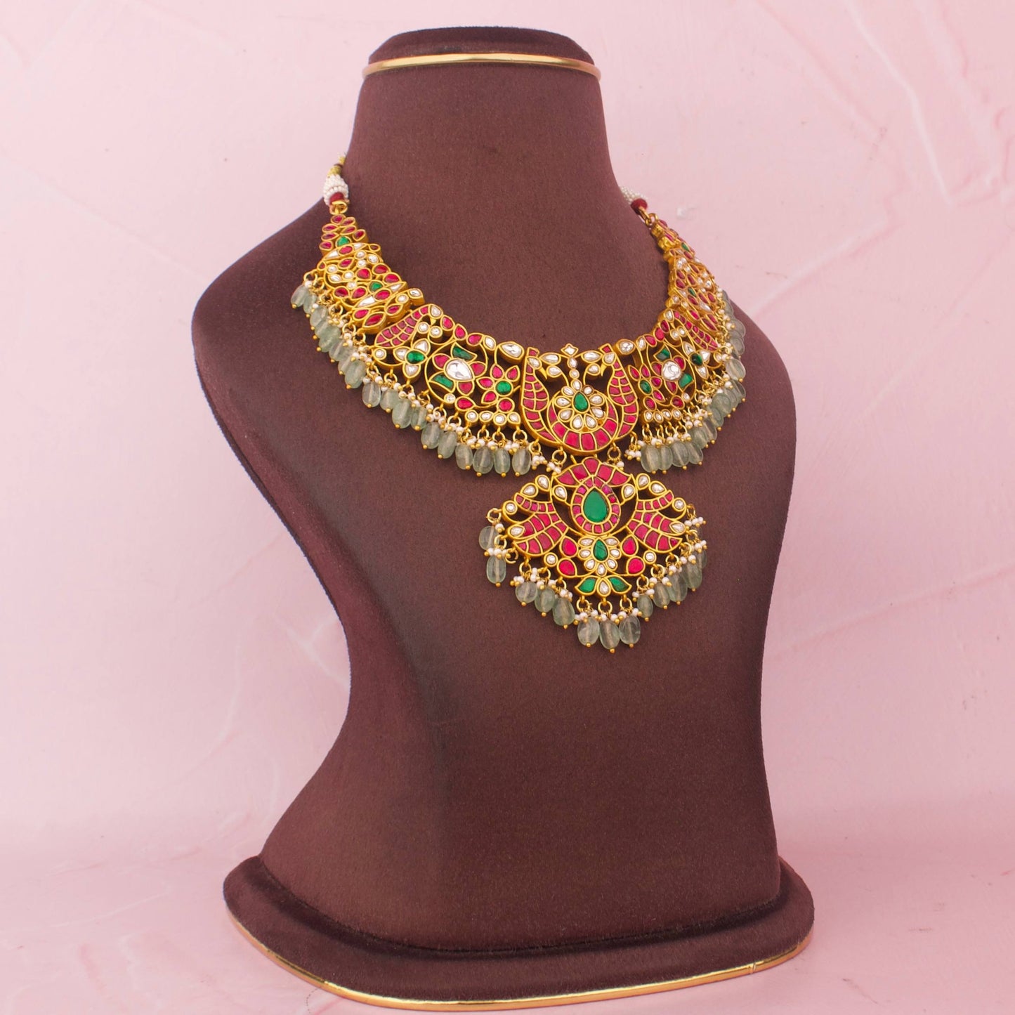 Classic Bridal Jadau Kundan Necklace With Green Drops