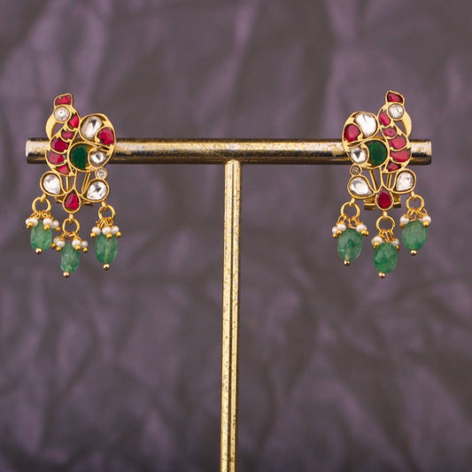 Regal Peacock Jadau Kundan Earrings with Green Beads