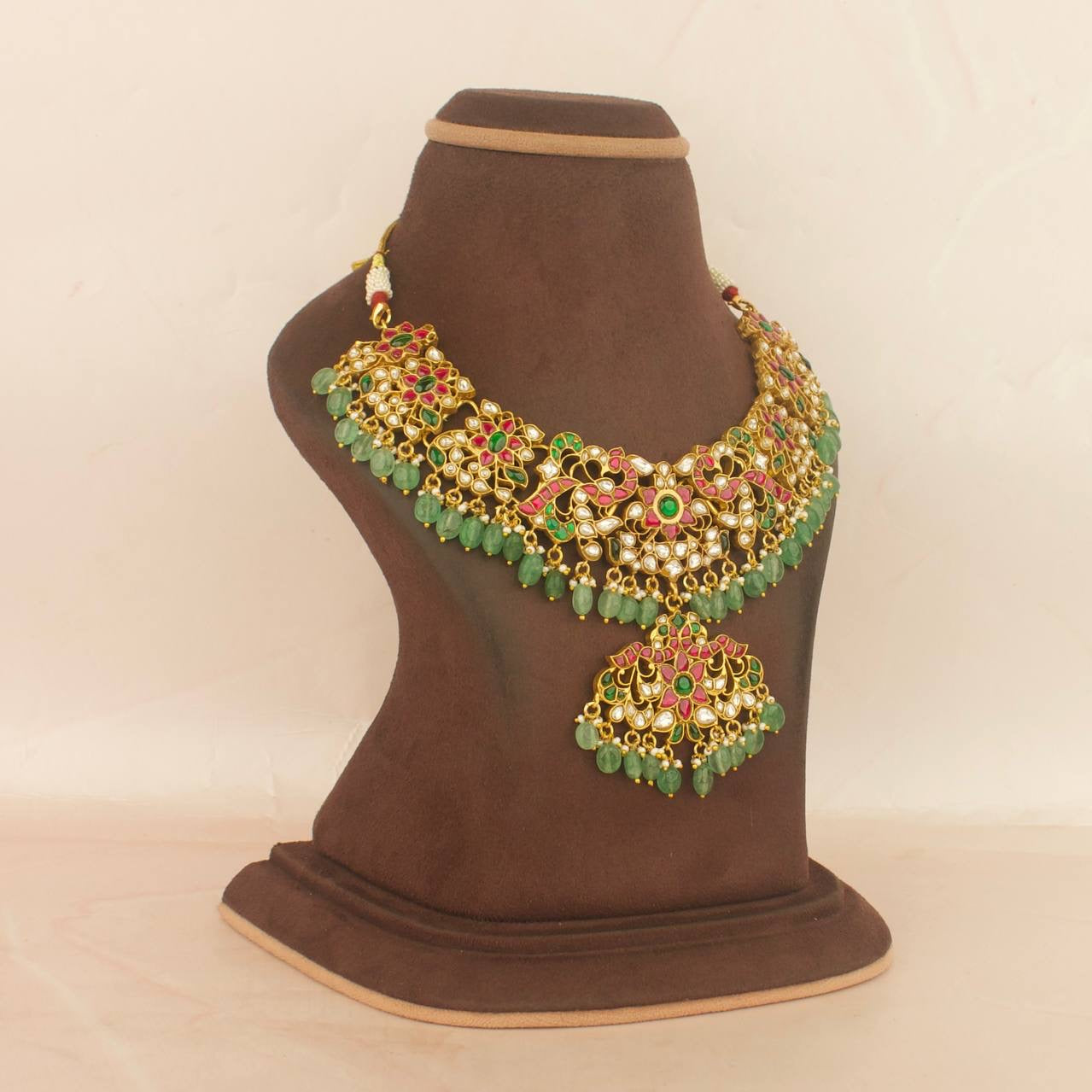 Grand Jadau Kundan Peacock Floral Designed Short Necklace
