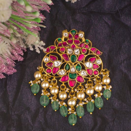 Bridal Peacock Design Jadau Kundan Locket with Green Beads and Swarovski pearl Hanging - DULHAN JEWELS