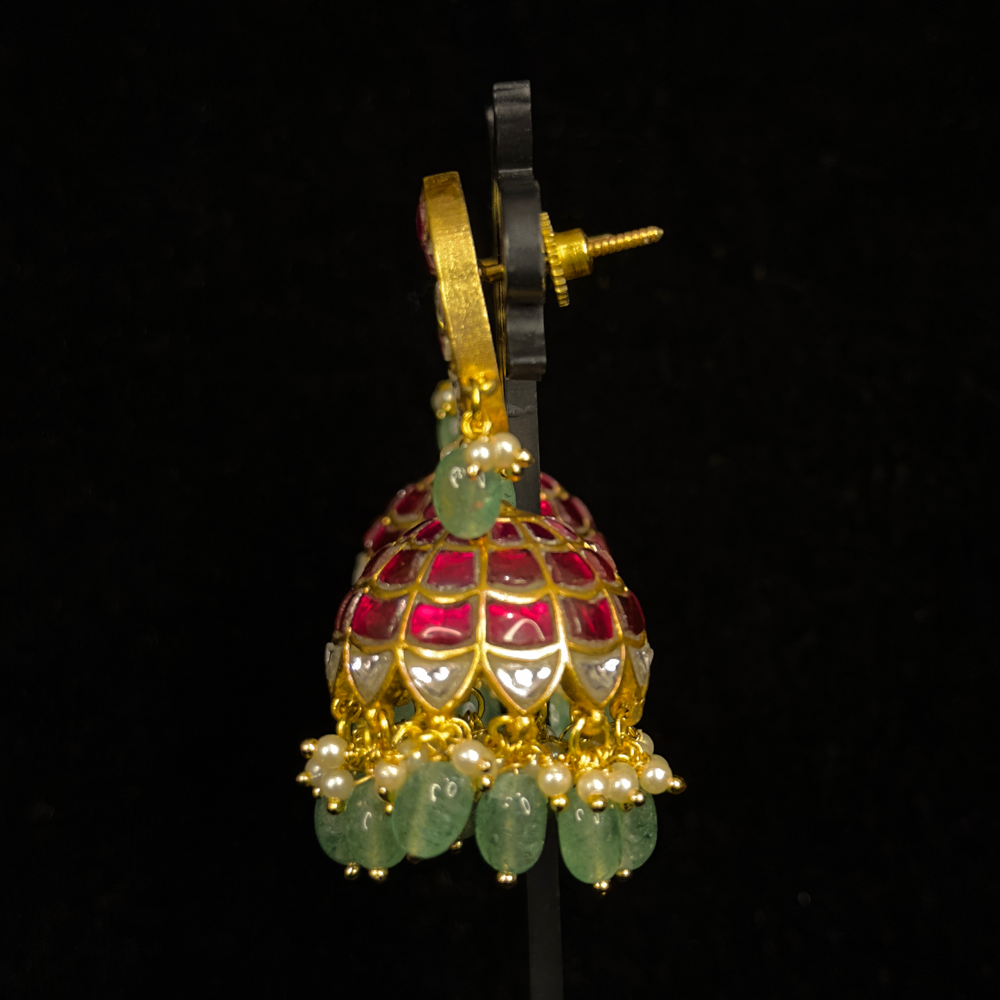 Red Jadau Kundan Jhumka with Peacock Motif