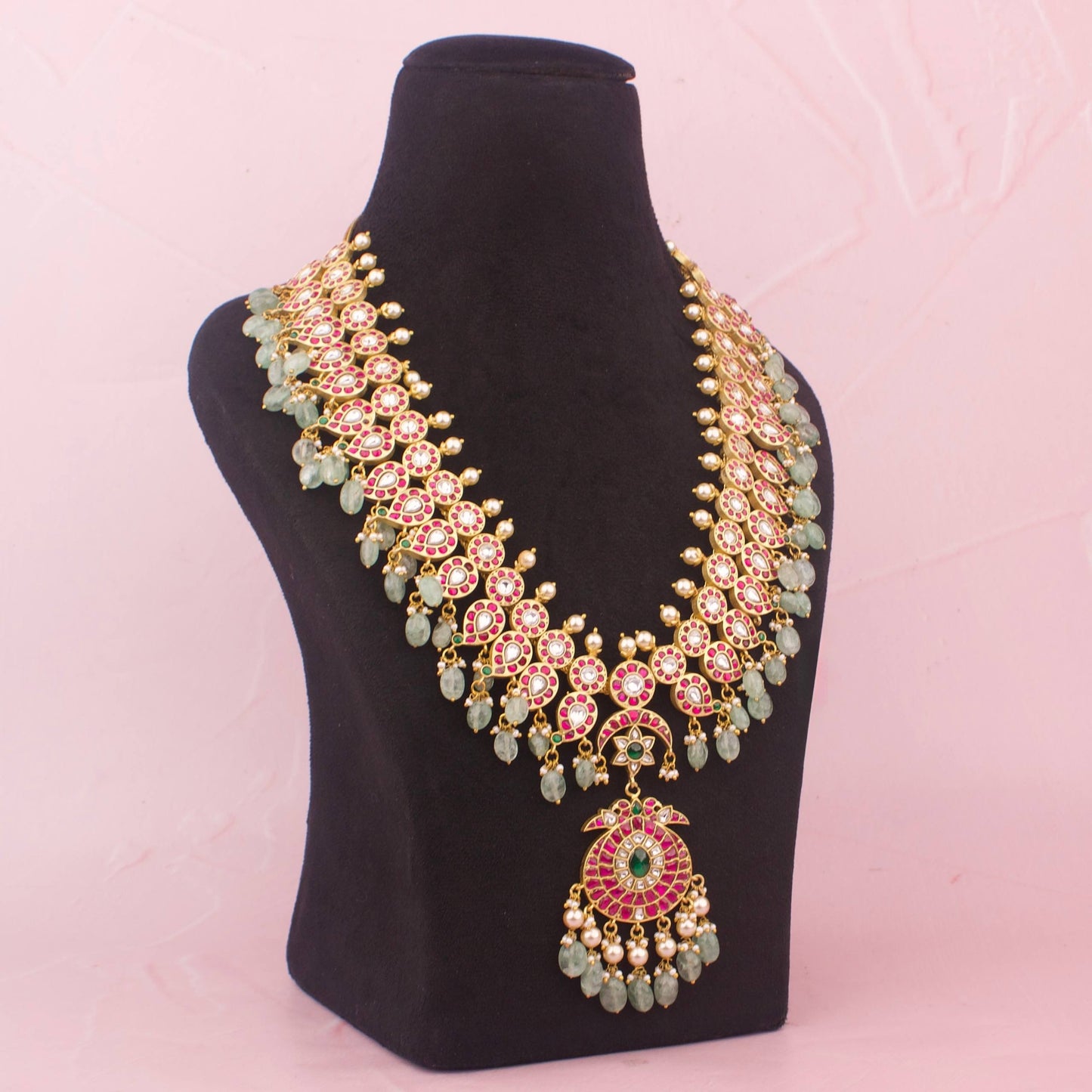 Close-Up Detail View of Traditional Jadau Kundan Mango Haram With Beads Droplet | Dulhan Jewels