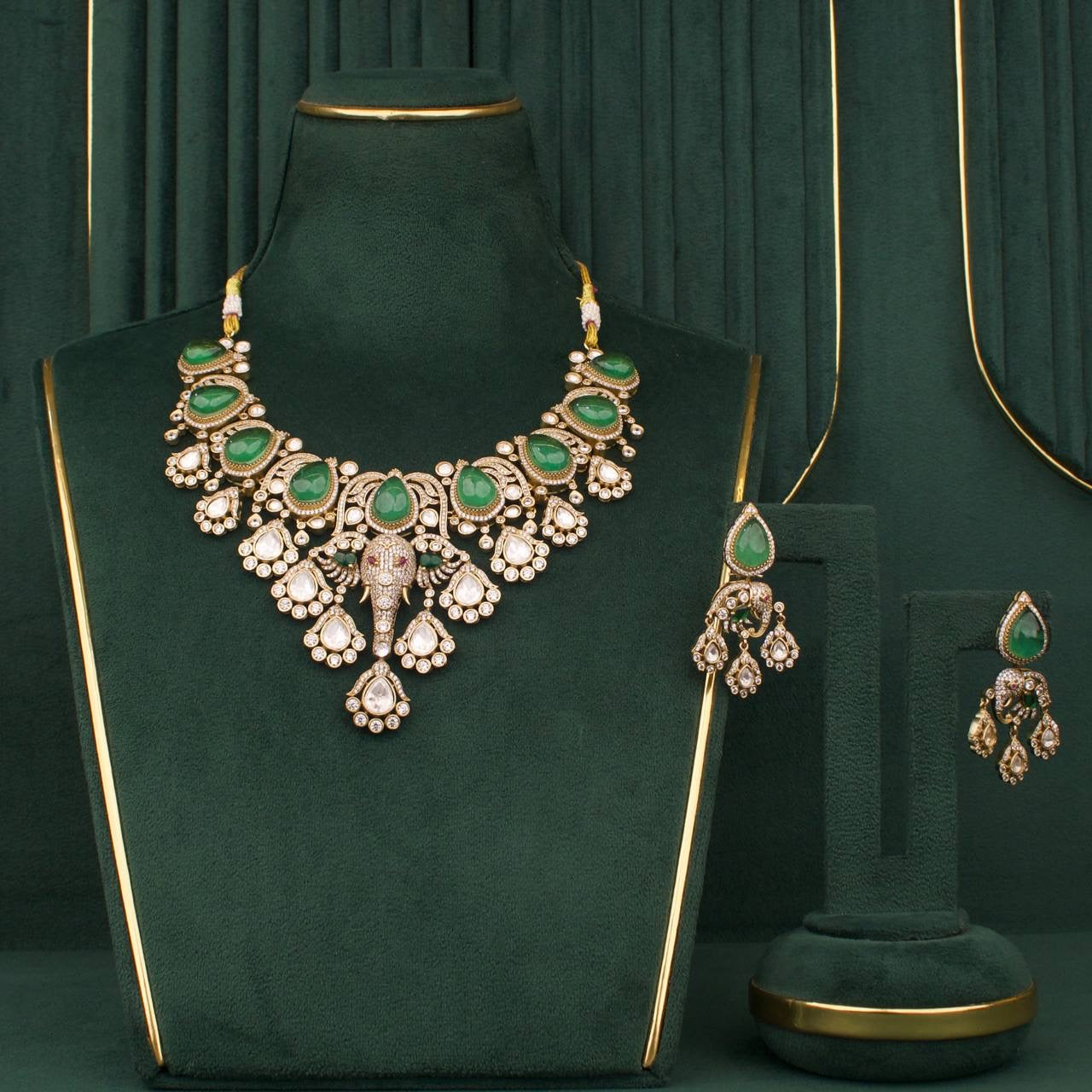 Premium Bridal Victorian Polki Necklace Set With Matching Earrings set worn
