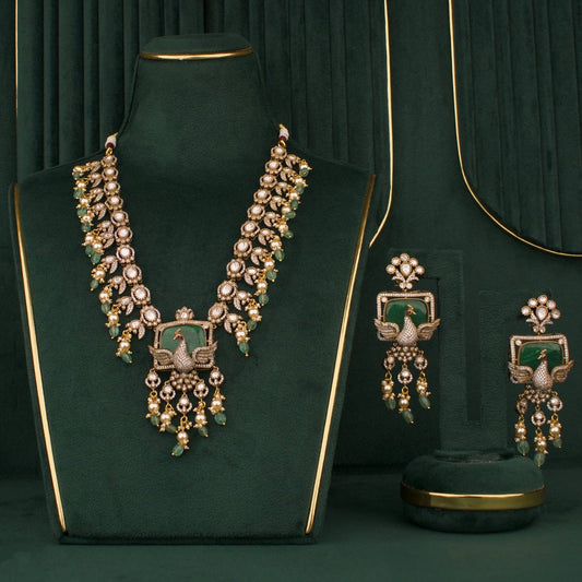 Grand intricate Design Fusion Kundan & Polki Victorian Necklace with Matching Earrings