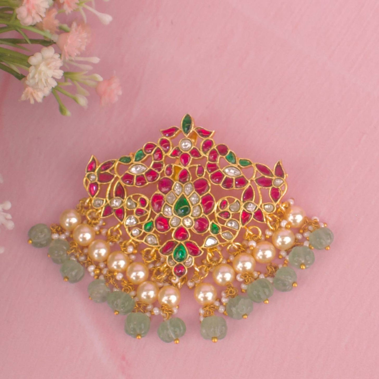 Opulent Jadau Kundan Pendant With Pumpkin Beads Hanging