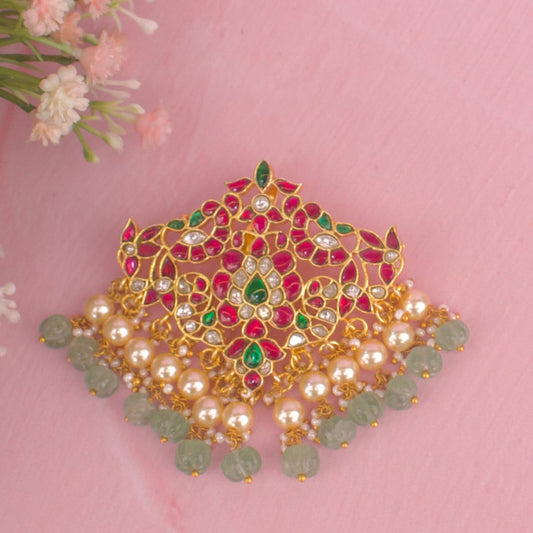 Opulent Jadau Kundan Pendant With Pumpkin Beads Hanging