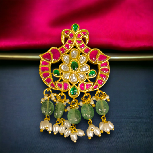 Exquisite Floral and Peacock Motif Jadau Kundan Pendant 22k gold plating This product belongs to Jadau Kundan Jewellery category 