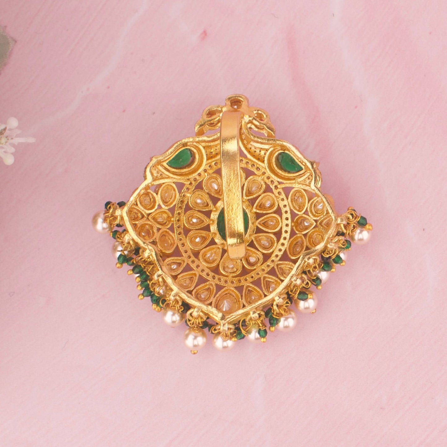 Royal Polki Pendant With Green Emerald And Pearl Drops