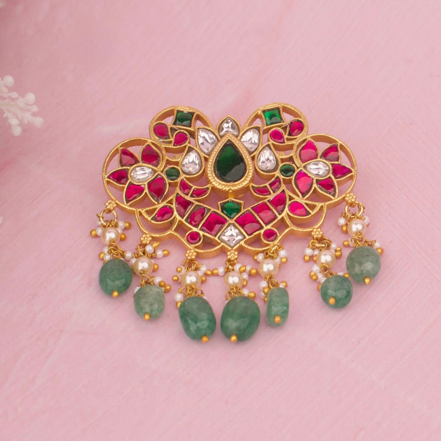 Designer Jadau Kundan Peacock Style Locket With Green Beads