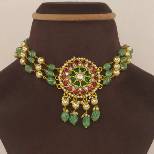 Floral Jadau Kundan Choker With pearl & Beads Chain with 22k Gold Plating . This piece belongs to Jadau Kundan jewellery category