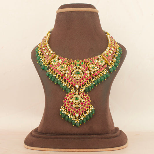 Gold Inspired Unique Jadau Kundan Necklace Green Beads As Hanging