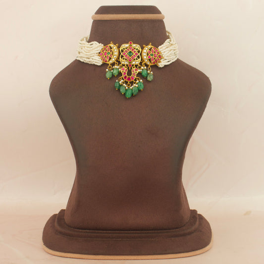 jadau kundan choker necklace with white beads and green pendant drops