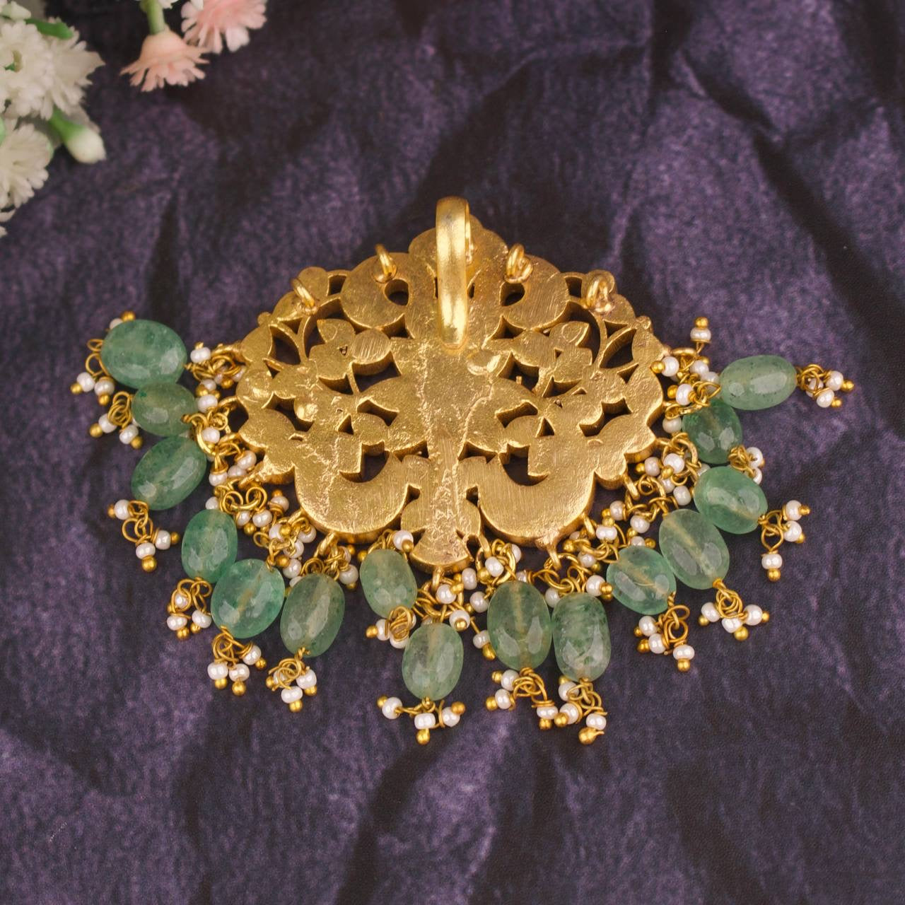 Majestic Jadau Kundan Pendant With Pearl & Beads Hanging