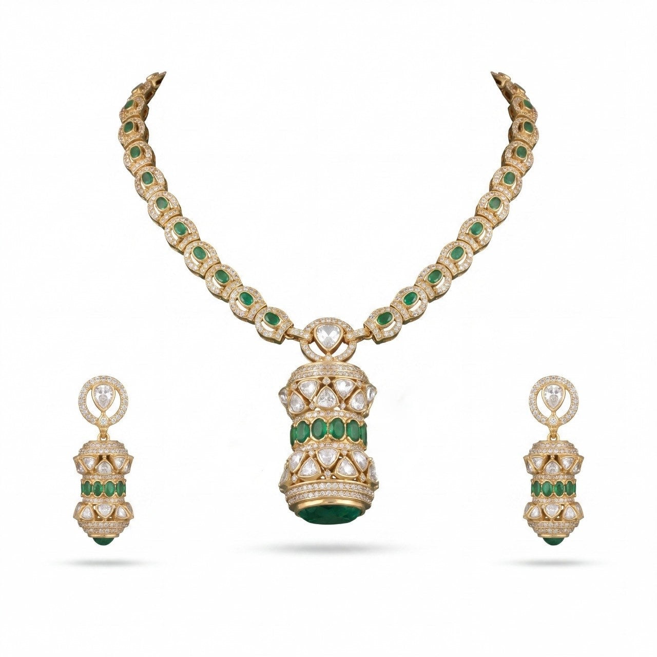 Sleek Polki Mehandi Victorian Short Necklace Set With Matching Earrings