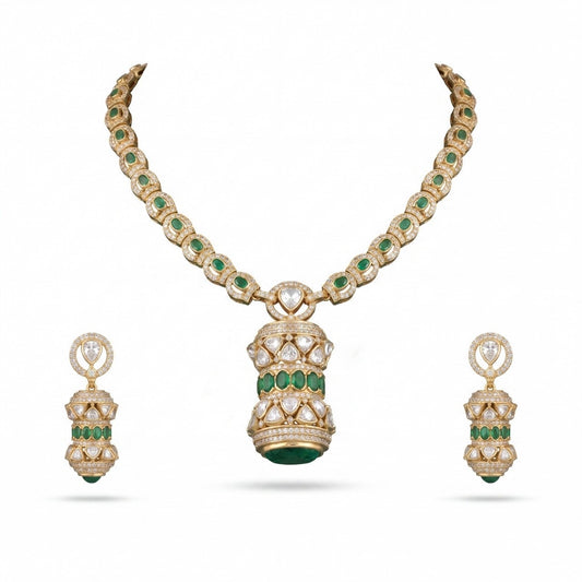 Sleek Polki Mehandi Victorian Short Necklace Set With Matching Earrings
