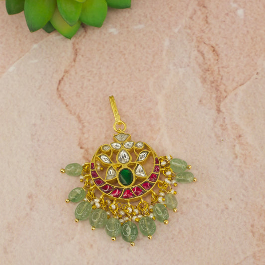 Majestic Green Beaded Jadau Kundan Maang Tikka with 22k Gold plating 