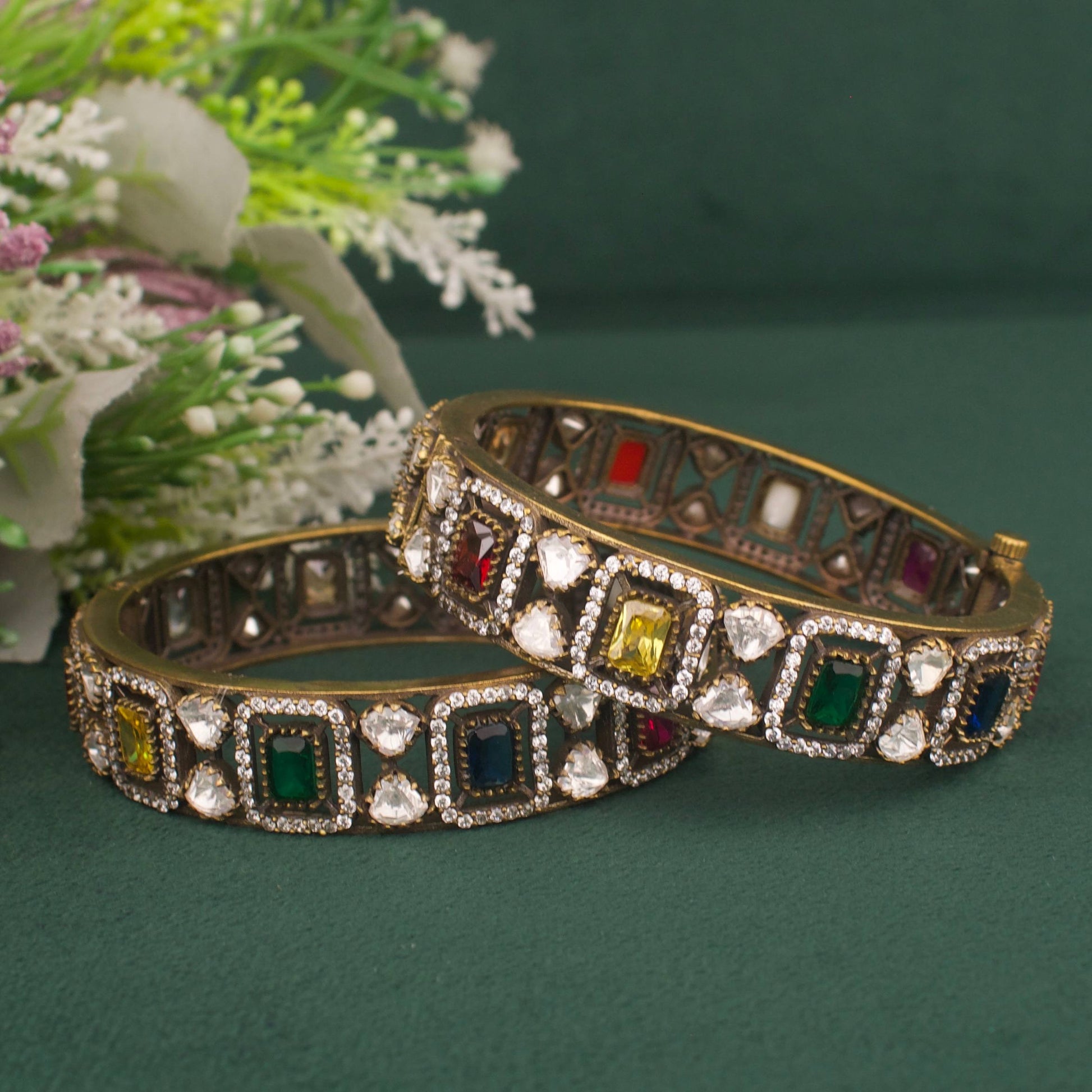 Traditional Victorian Polki Bangles with AD stones in Navaratna colour - Premium Indian Ethnic Jewelry | Dulhan Jewels