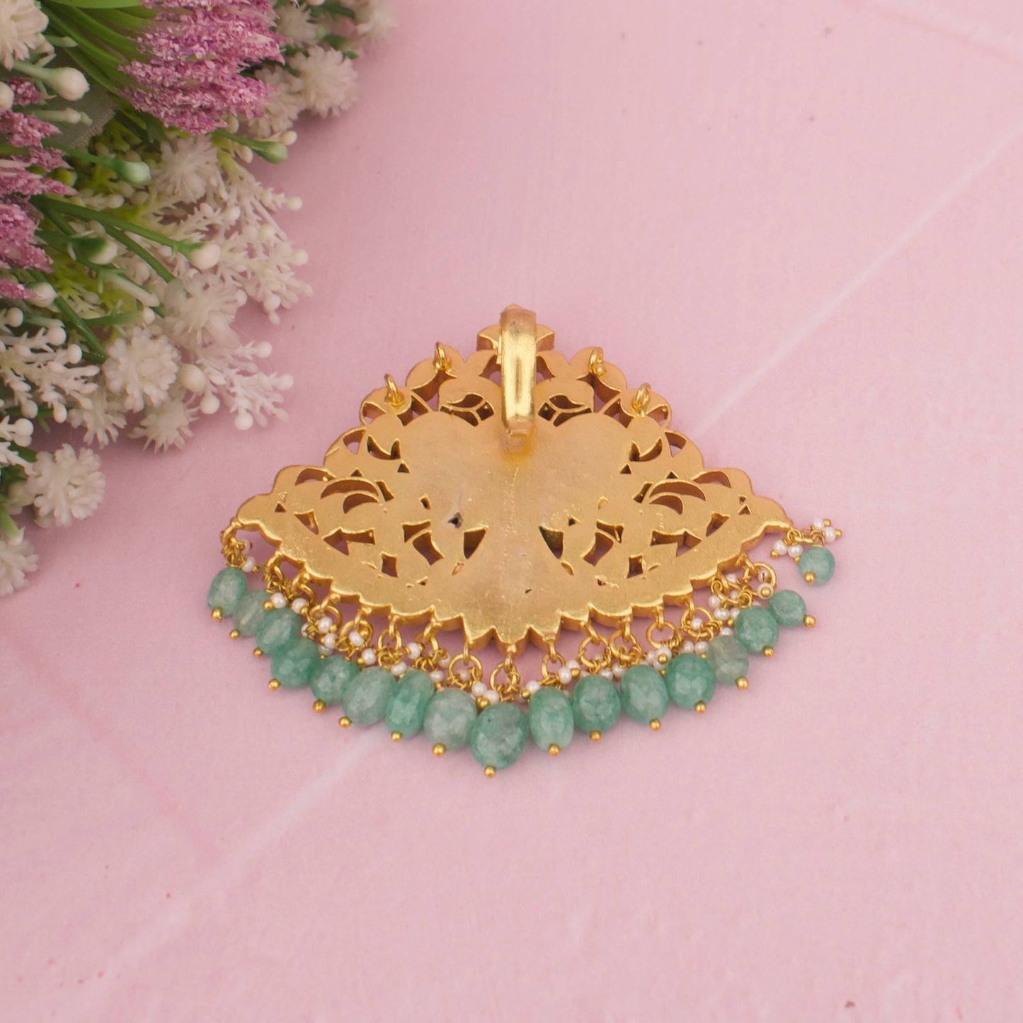 Bridal Peacock Jadau Kundan Locket With Green Beads
