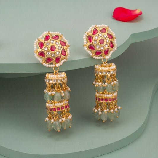 Pearl-Accented Jadau Kundan Jhumkas with Emerald Beads
